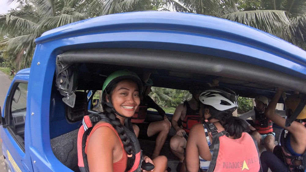 Driving towards Kawasan Falls Canyoneering in a small pickup truck