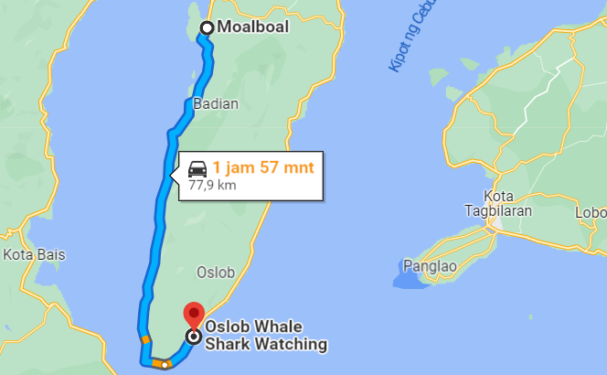 Maps showing the distance from Moalboal to Oslob
