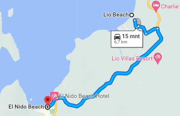 Map. How to get from El Nido to Lio Beach.
