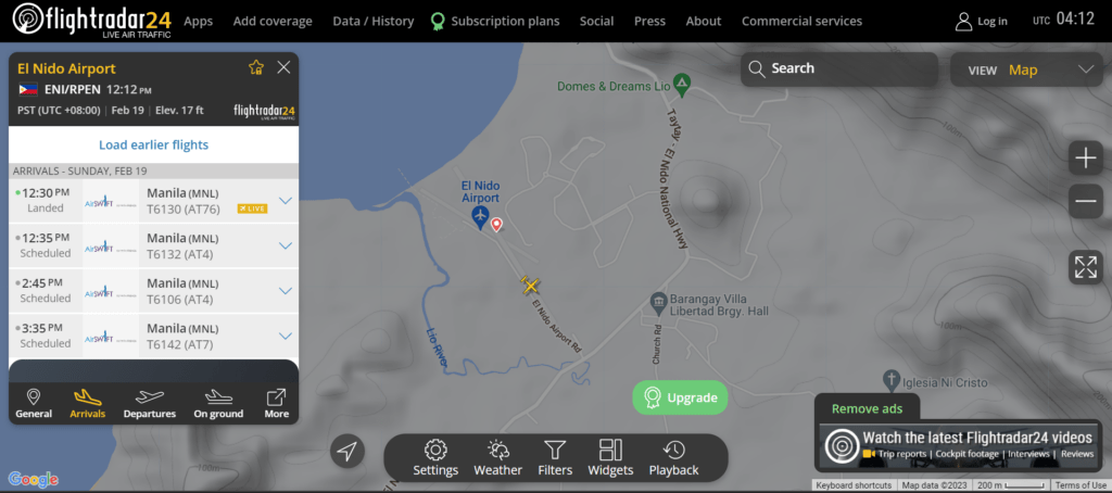 Screenshot of flighradar24 showing flight activities of El Nido airport.