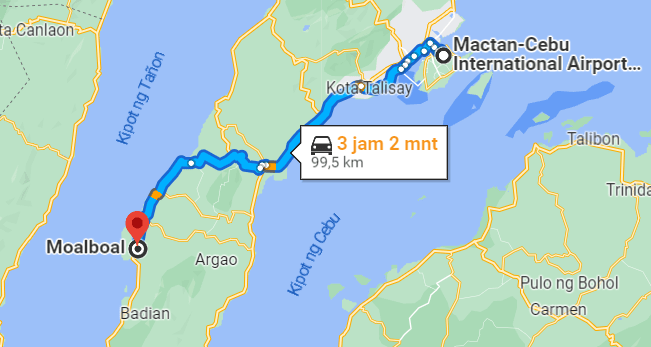 Map showing the distance from Cebu City to Moalboal.