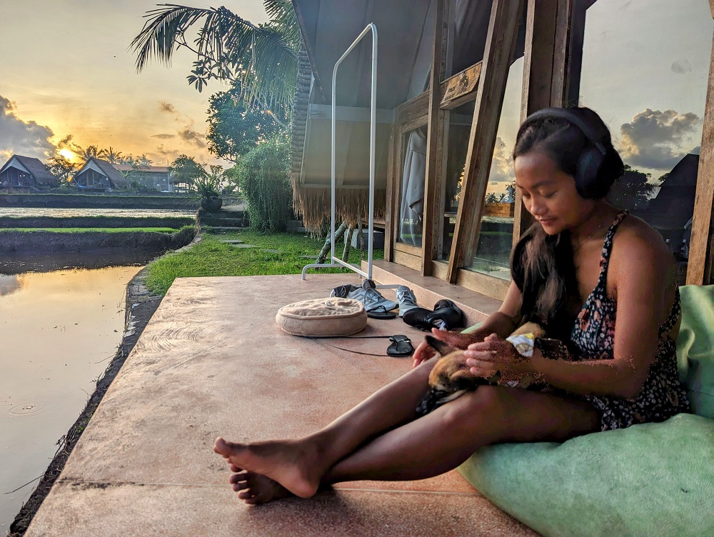 Ika is relaxing at our accommodation during our weekend trip to Ubud