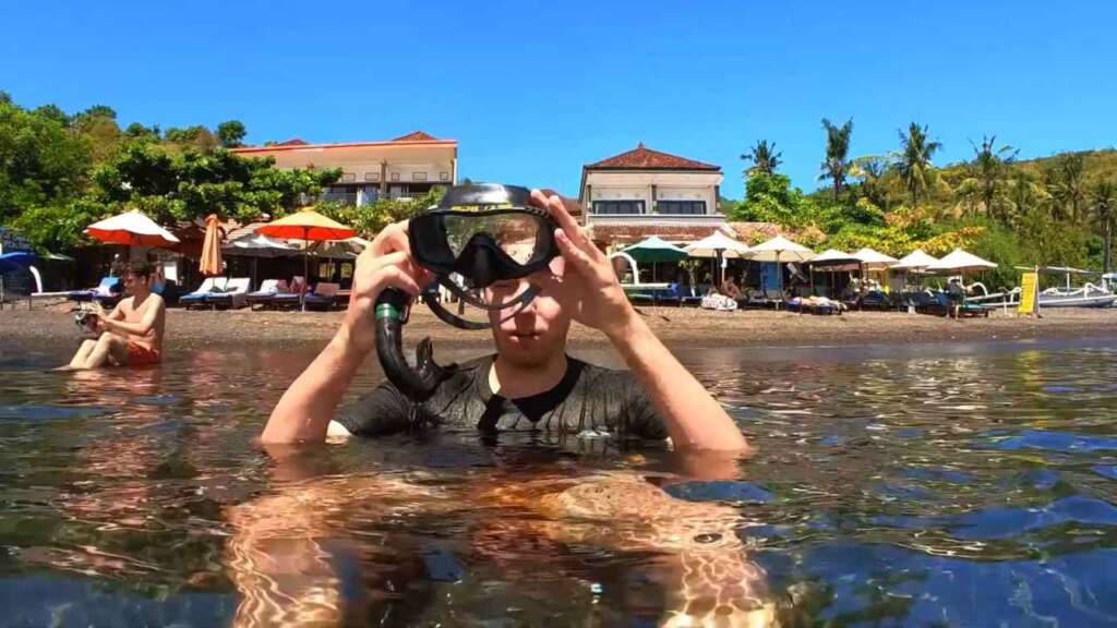 Snorkeling in Jemeluk Beach right off the Beach in Amed, Bali.