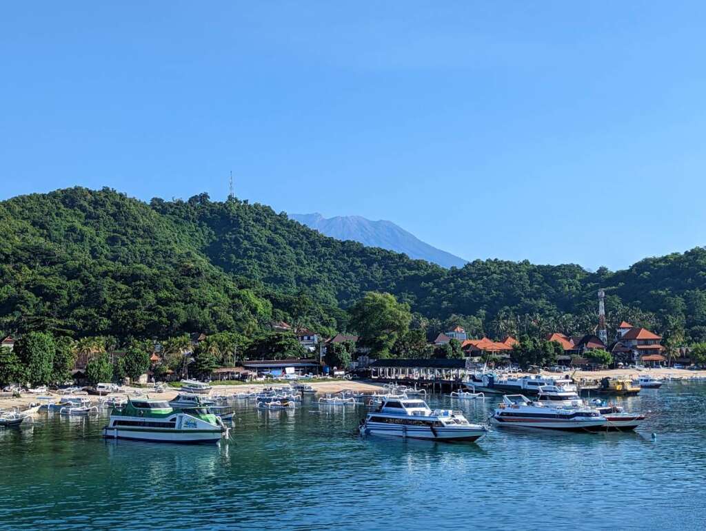 Padangbai Port with view to Mt. Agung on the ferry from Bali to Lombok