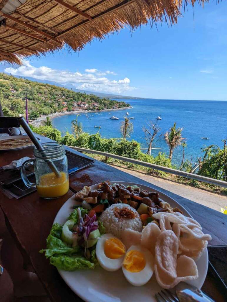 Gado Gado and Mango shake with one of the best restaurant views in Amed and all of Bali.