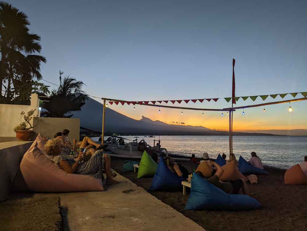 Sunset from Warung Bobo, a great restaurant for dinner in Amed.